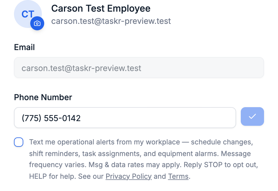 The Taskr Settings screen showing the SMS consent checkbox beneath the phone number field